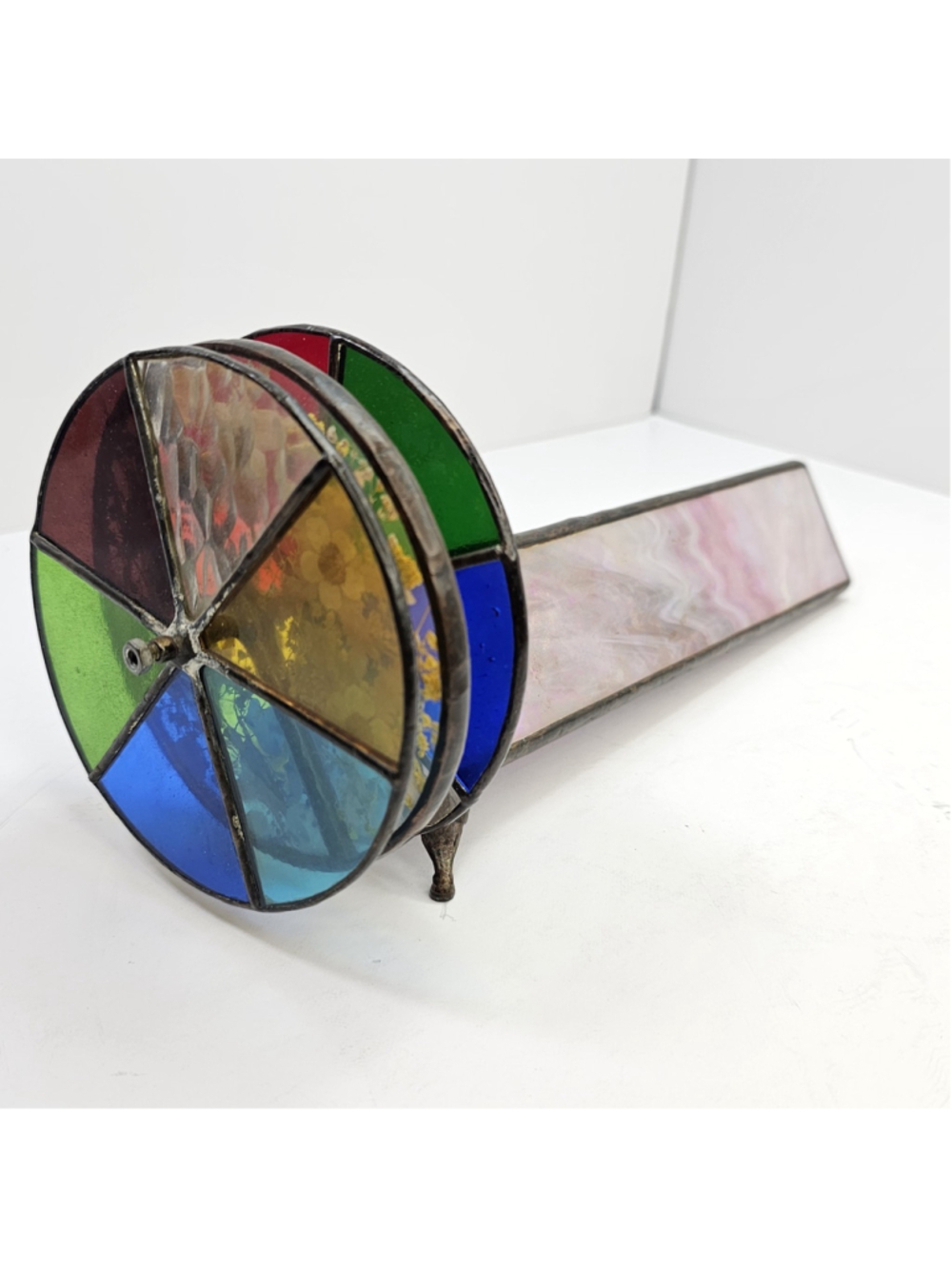 Stained Glass Kaleidoscope Handmade Multicolor Floral Brass Tone 11" Art